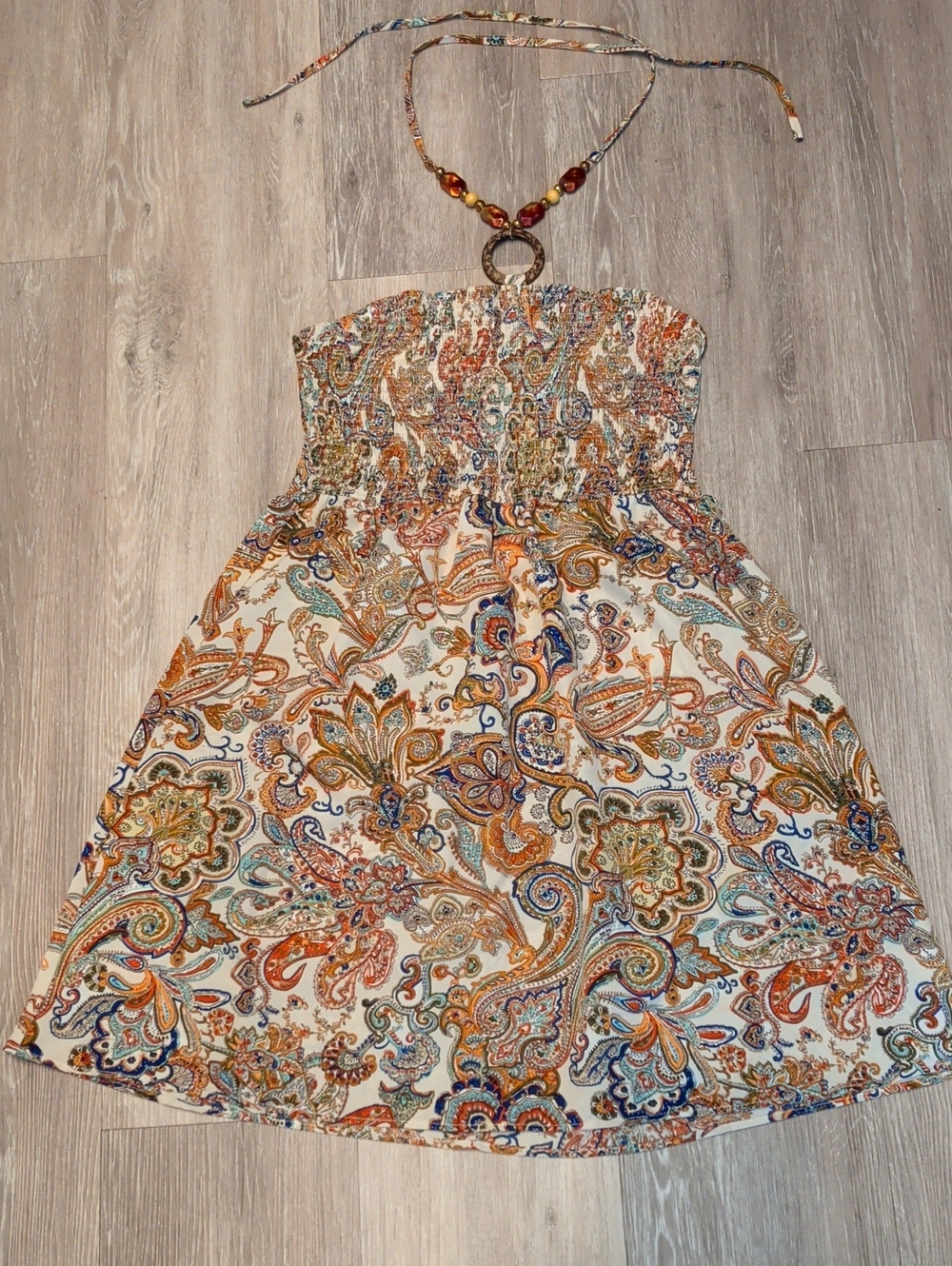 ​✨ VTG Y2K Smocked Boho Halter Dress w/ Beaded O-Ring Detail - M/L